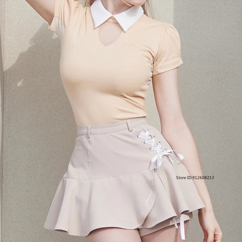 Short Sleeve Tops Golf T-shirts Quick-dry Breathable Shirts Lace Up Pleated Golf Skirt