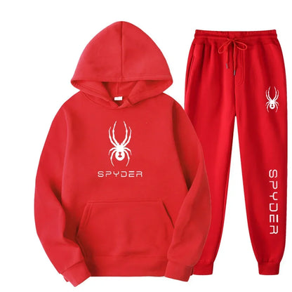 .A casual sports outfit consisting of a long-sleeved hooded t-shirt and elastic-waist pants.