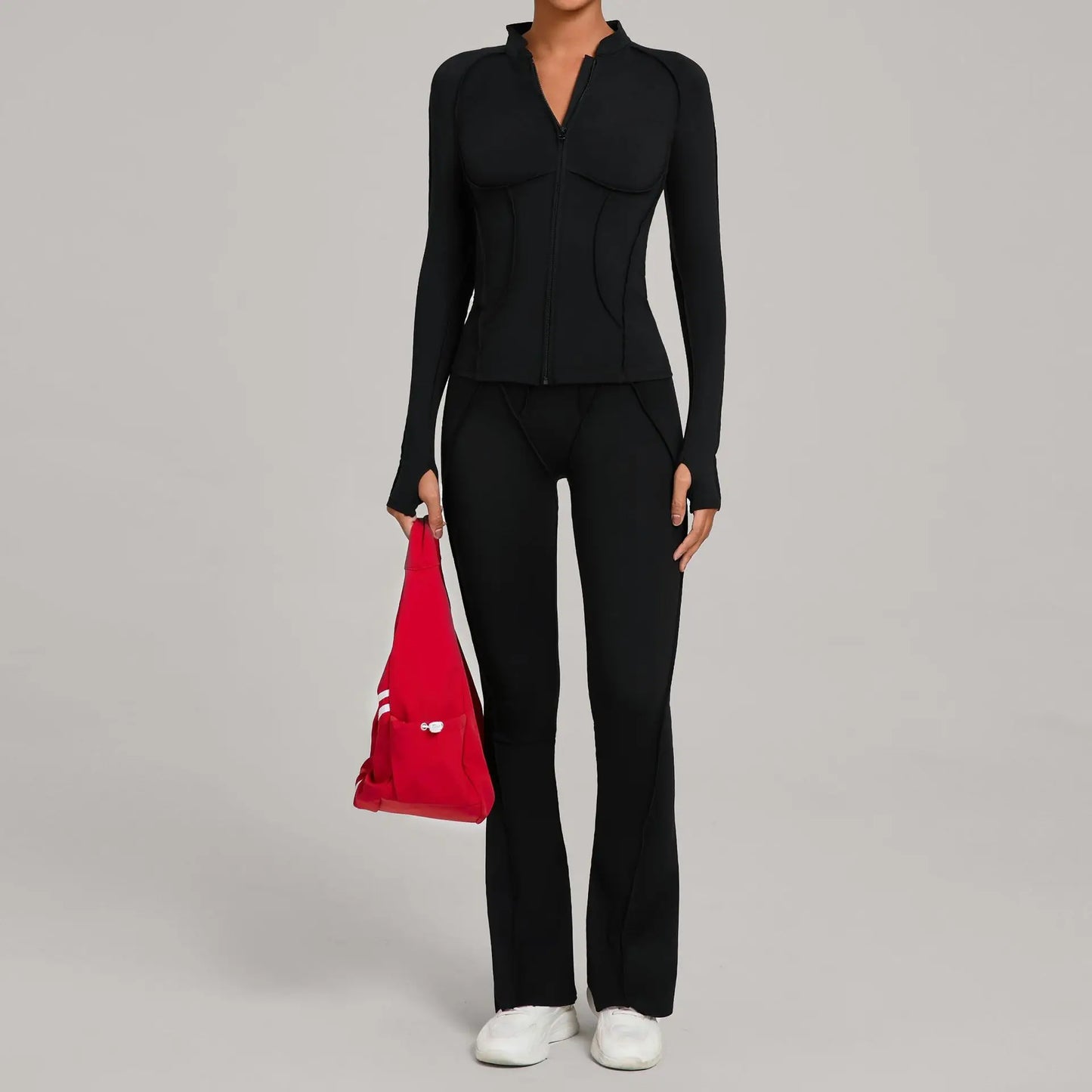 Gym Yoga Outfit Zipper Long Sleeve Fitness Suit Daily Casual Fitness Sportswear Two-Piece Sets