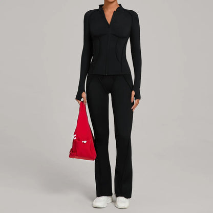 Gym Yoga Outfit Zipper Long Sleeve Fitness Suit Daily Casual Fitness Sportswear Two-Piece Sets