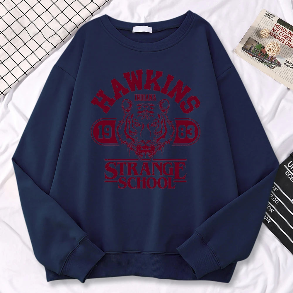 Casual Womens Sweatshirt Hawkins High School Indiana 1983 Printing Hoodies Loose Crewneck Pullovers Warm Fleece