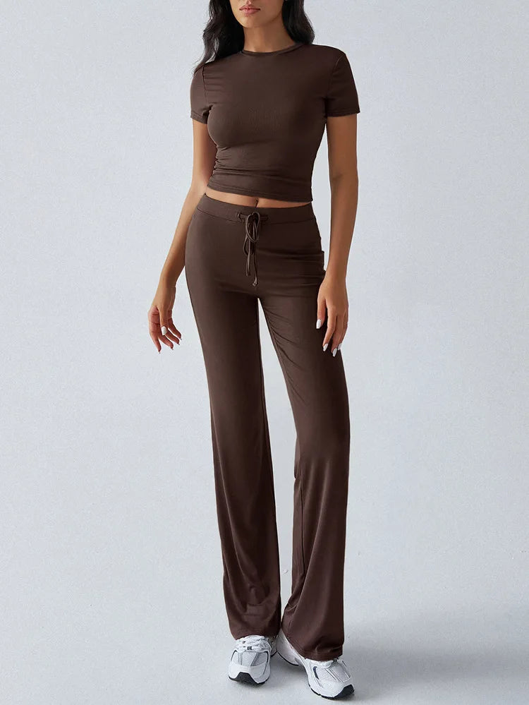 Women's Casual Lounge Set - Short Sleeve Top & Pants Two Piece, Home Wear Yoga Outfit