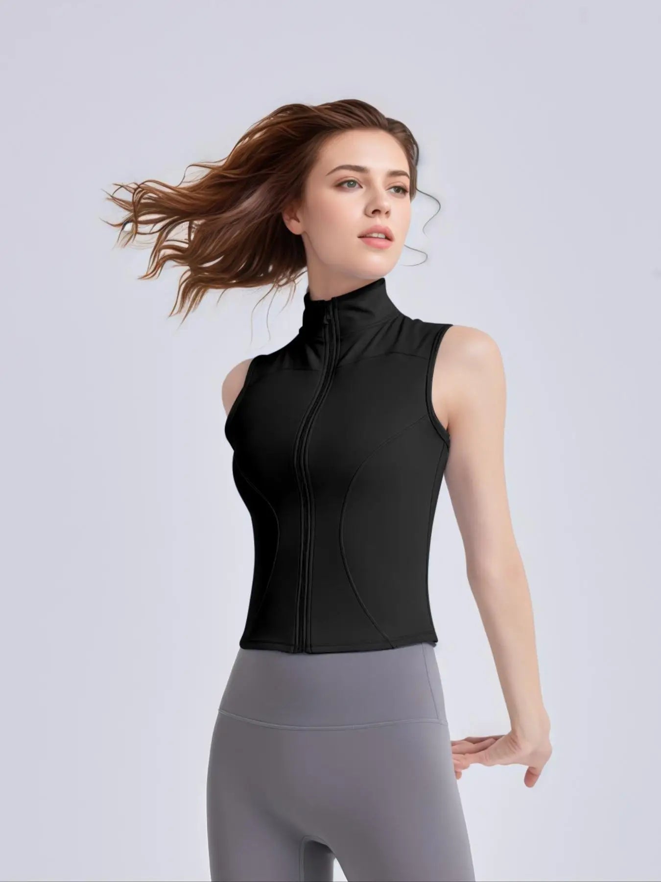 Solid Thumb Hole Design Sports Jacket, Sporty Zip Up Sleeveless Outerwear for Yoga Gym Workout,