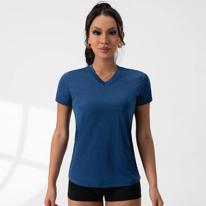 Yoga Shirts V-Neck Pleated Short Sleeve Sports Top Loose Solid Color Exercise Tee 5 Colors Gym Wear