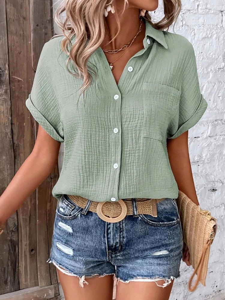Women Casual Cotton Blouse Vintage Short Sleeve Slim Shirt Elegant Turn Down Collar Solid Tunics Streetwear