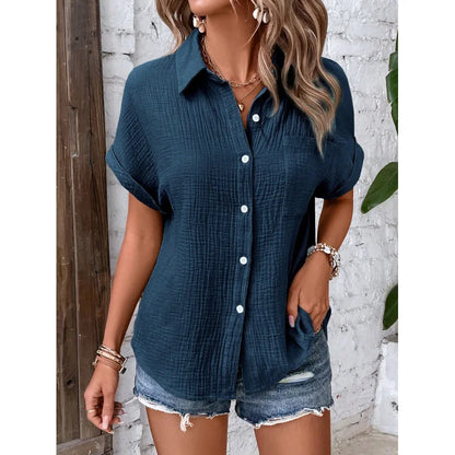 Women Casual Cotton Blouse Vintage Short Sleeve Slim Shirt Elegant Turn Down Collar Solid Tunics Streetwear