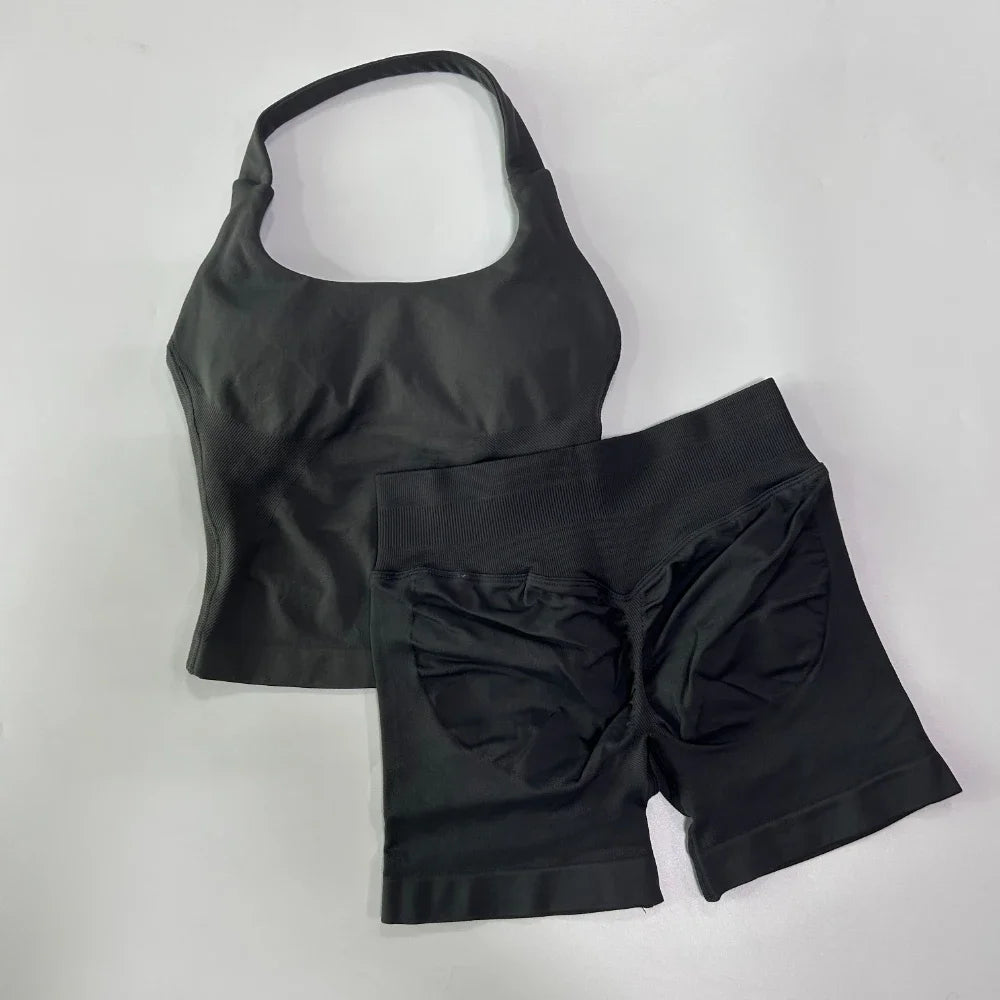 Yoga 2 Pieces Gym Set Backless Halter Tops High Waist Seamless Fitness Sports Bras Sportswear Workout Sets