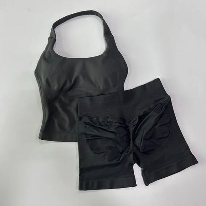 Yoga 2 Pieces Gym Set Backless Halter Tops High Waist Seamless Fitness Sports Bras Sportswear Workout Sets