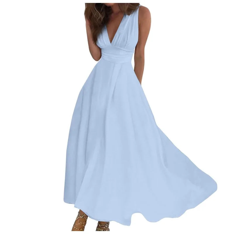 Fashion Casual Dresses Solid Color Sleeveless V Neck Side Zipper Style Long Dress Elegant Sundress