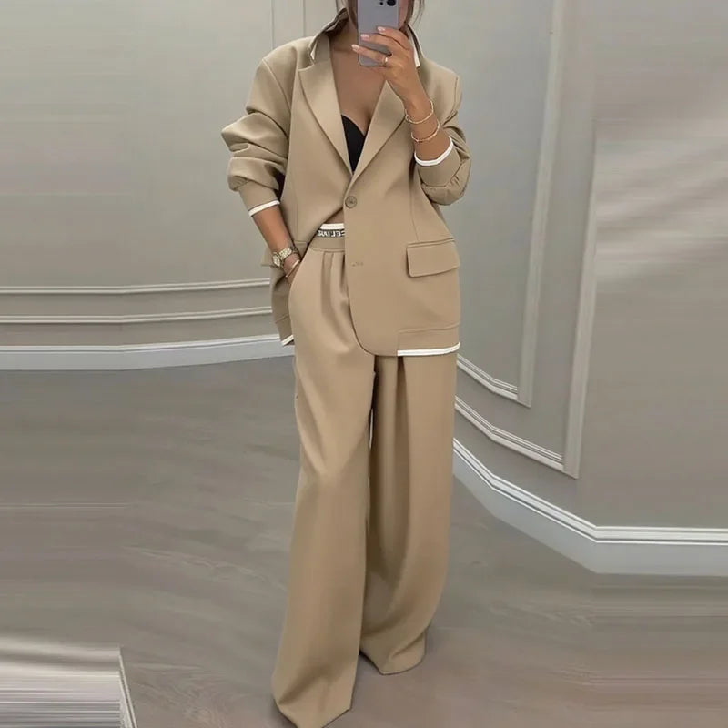 Casual Women's Suit Set  Sexy Turn down Collar Button Blazer & Straight-leg Pants Set Winter Solid Long Sleeve Chic Outfit