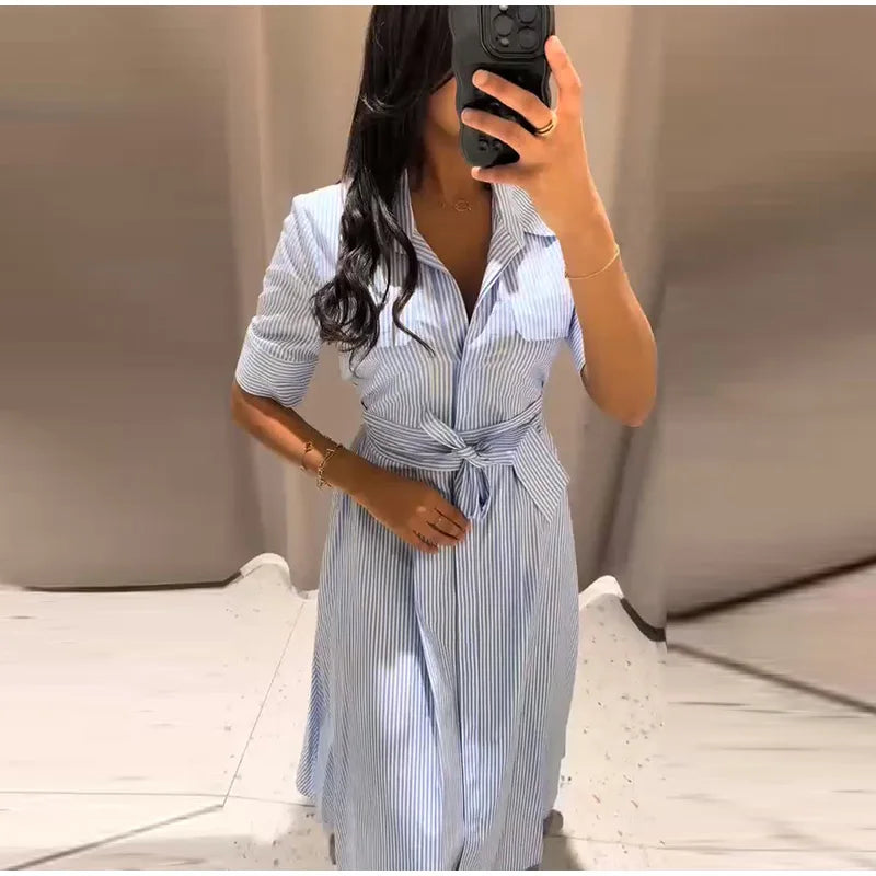 Casual Striped Women Summer Dress Lapel Single Breast Half Sleeve Slim Waist Long Dresses 2026 Autumn Lady Fashion Vacation Robe