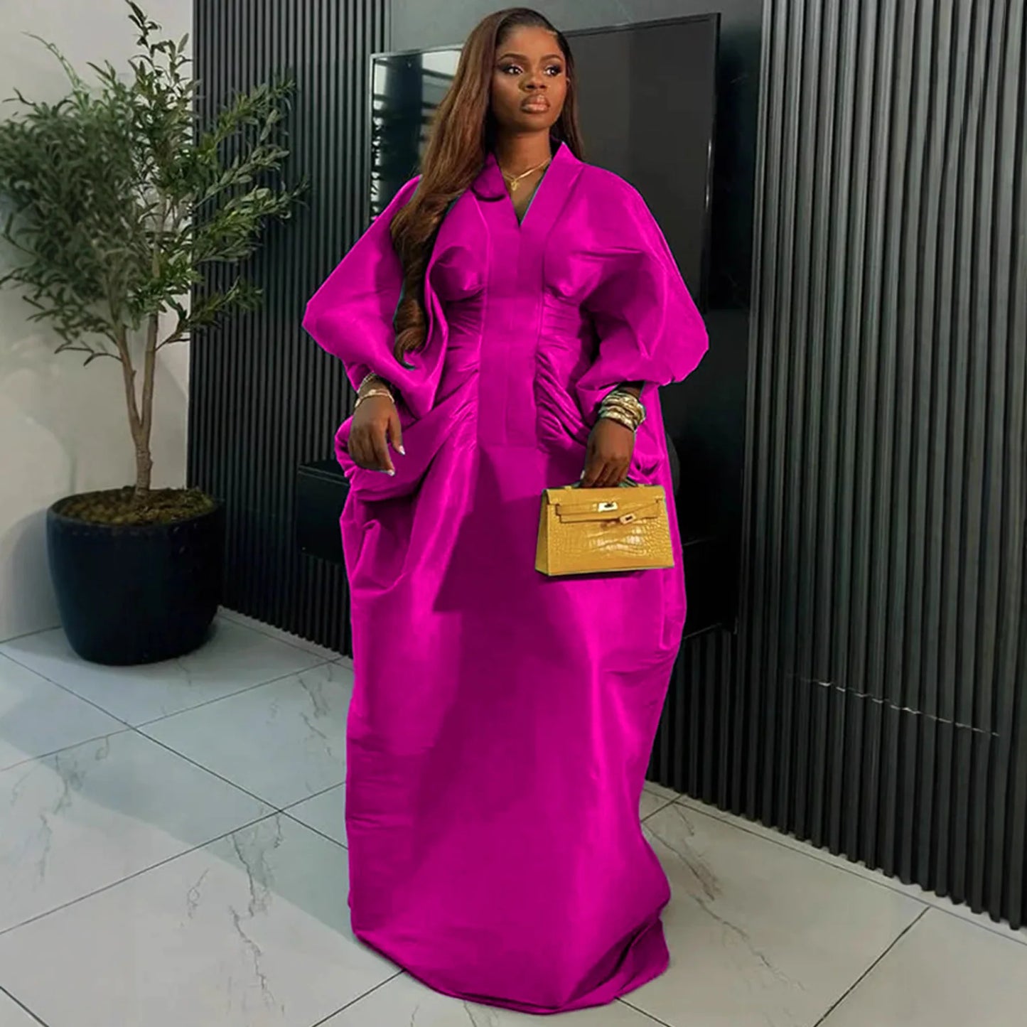 casual dresses loose V-neck long sleeved elegant party evening dresses pleated waist