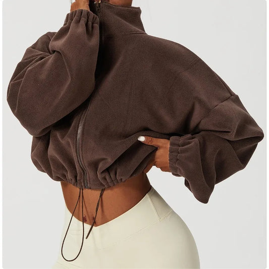Women's Sports Coat Fleece-lined Warm Casual Loose Crop Tops Long Sleeve