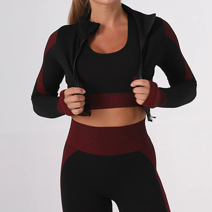 3PC Seamless Gym Clothing Workout Outfit with Jacket Bra & Leggings Set Yoga Suit for Sports Fitness