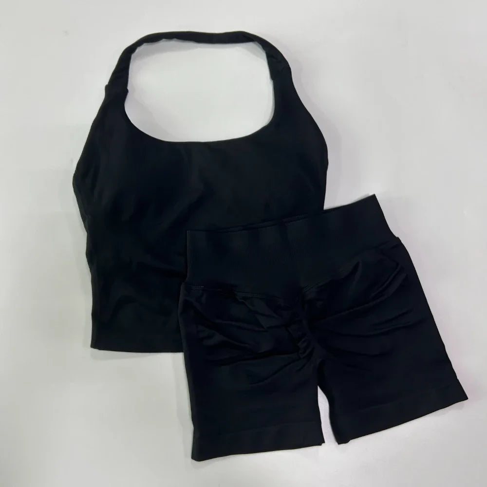 Yoga 2 Pieces Gym Set Backless Halter Tops High Waist Seamless Fitness Sports Bras Sportswear Workout Sets