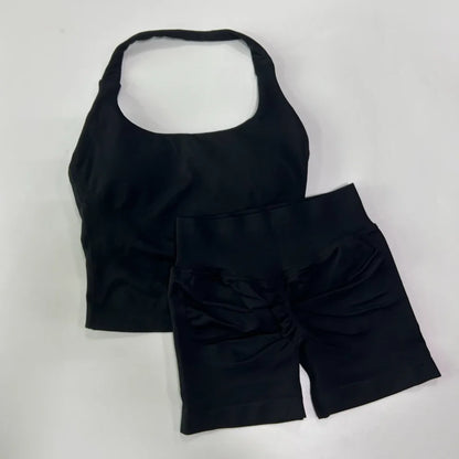 Yoga 2 Pieces Gym Set Backless Halter Tops High Waist Seamless Fitness Sports Bras Sportswear Workout Sets