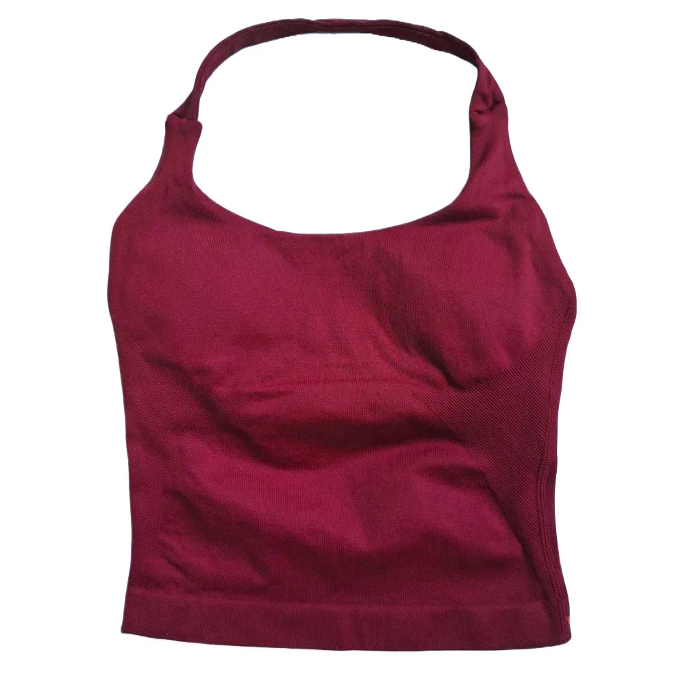 Strappy Workout Tank Top Padded Sports Bra Backless Yoga Shirts Seamless Gym Crop Top Halter