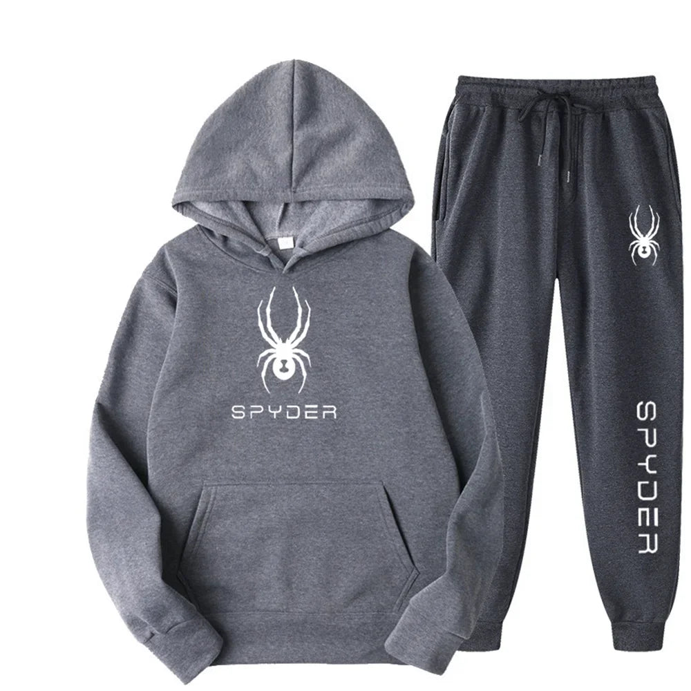 .A casual sports outfit consisting of a long-sleeved hooded t-shirt and elastic-waist pants.