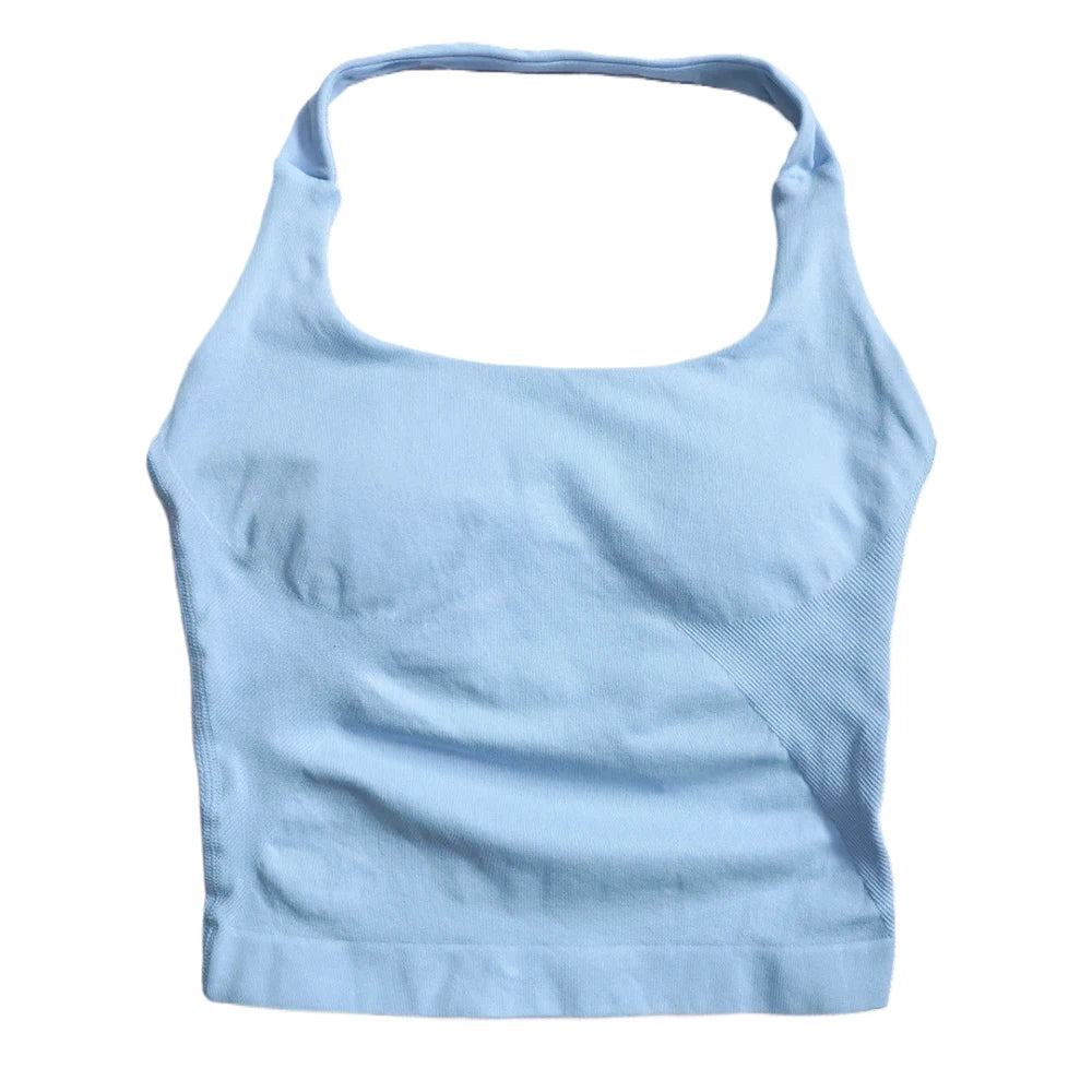 Strappy Workout Tank Top Padded Sports Bra Backless Yoga Shirts Seamless Gym Crop Top Halter