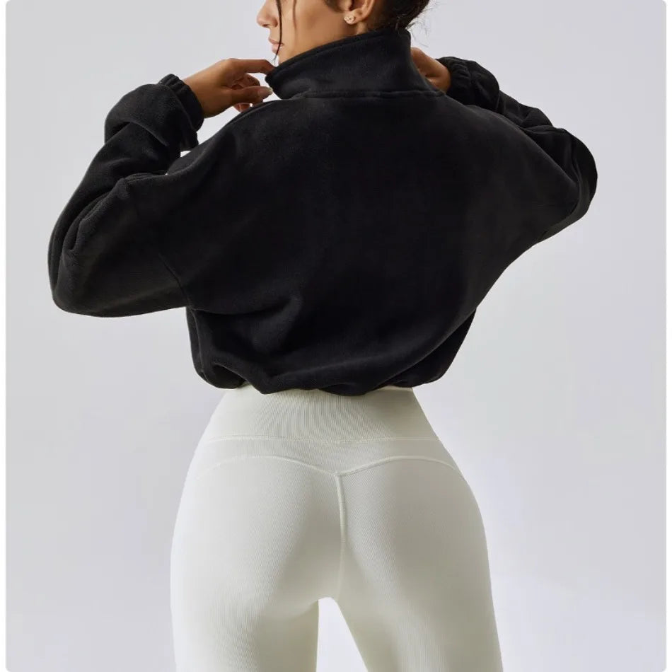 Women's Sports Coat Fleece-lined Warm Casual Loose Crop Tops Long Sleeve