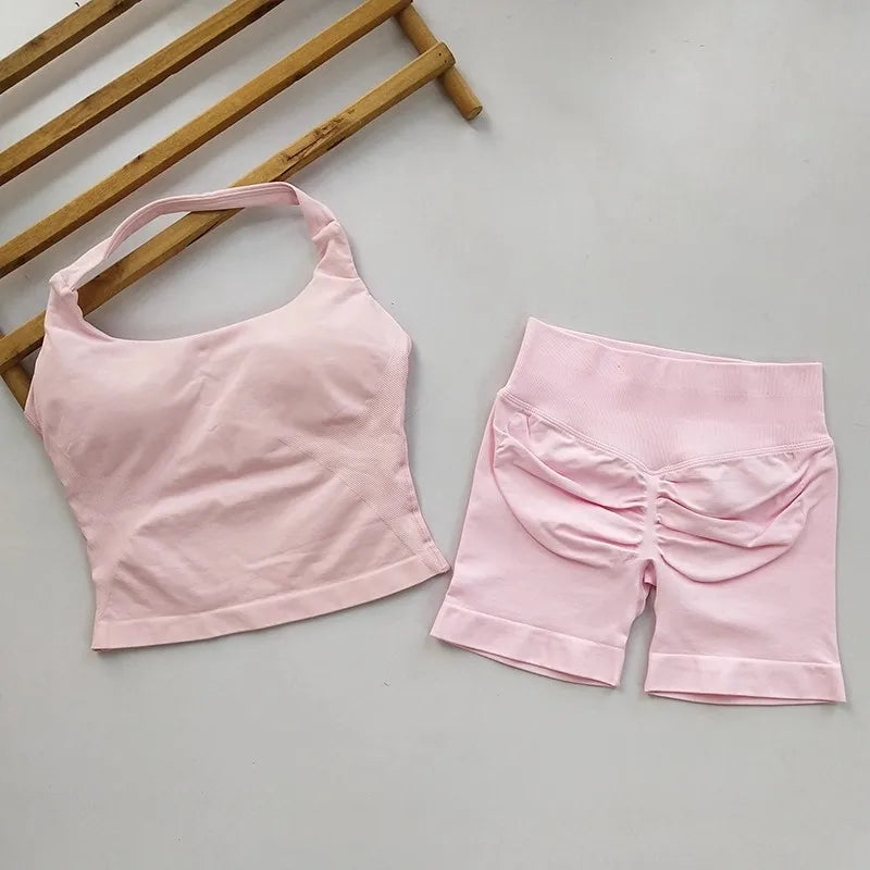 Yoga 2 Pieces Gym Set Backless Halter Tops High Waist Seamless Fitness Sports Bras Sportswear Workout Sets