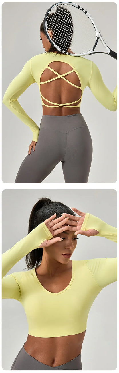 Yoga Wear Tight Long-sleeved Shirt with Chest Pads Crossed Beautiful Back Sports Top Quick-drying  Fitness Wear