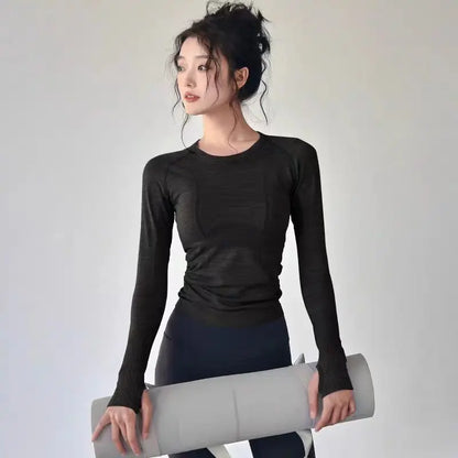 Yoga Clothes Sports Tops, Round Neck,, Seamless, Slim, Fitness Workout Long Sleeves Gym T shirt,