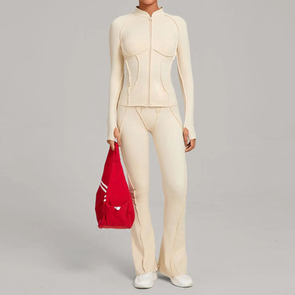 Gym Yoga Outfit Zipper Long Sleeve Fitness Suit Daily Casual Fitness Sportswear Two-Piece Sets