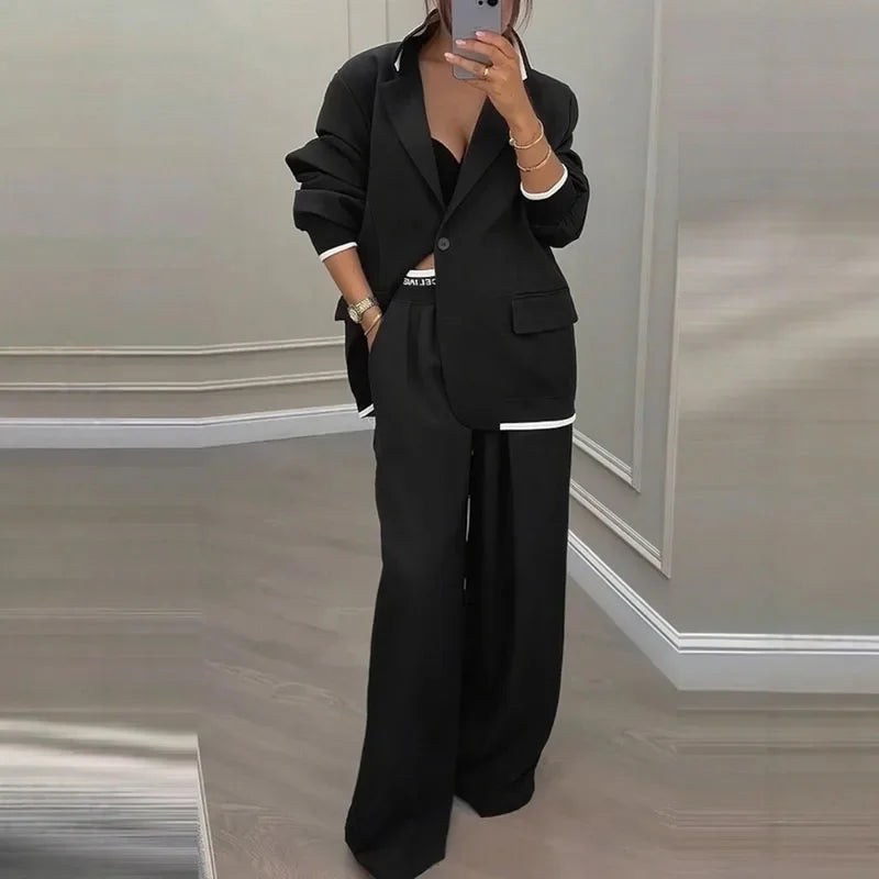 Casual Women's Suit Set  Sexy Turn down Collar Button Blazer & Straight-leg Pants Set Winter Solid Long Sleeve Chic Outfit