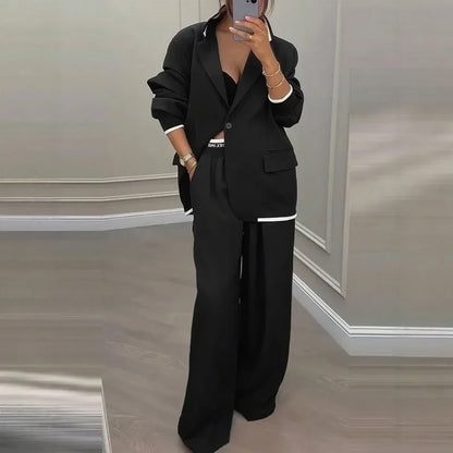 Casual Women's Suit Set  Sexy Turn down Collar Button Blazer & Straight-leg Pants Set Winter Solid Long Sleeve Chic Outfit