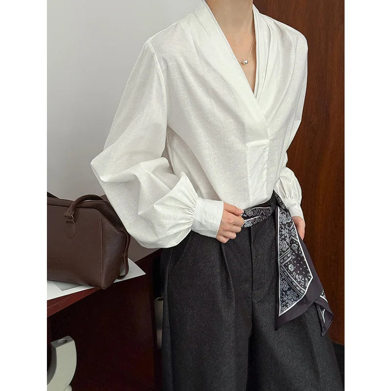 Women Casual Blouses V-Neck Puff Sleeve Office Blouses Fashion Shirts