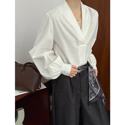 Women Casual Blouses V-Neck Puff Sleeve Office Blouses Fashion Shirts