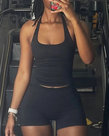 Strappy Workout Tank Top Padded Sports Bra Backless Yoga Shirts Seamless Gym Crop Top Halter