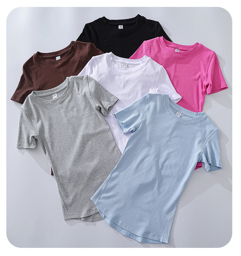 Women Yoga Tops Pilates Aerobic Clothes Tight Short Sleeve Workout Sport Fitness Gym T-shirt Slim Sportswear Blouse