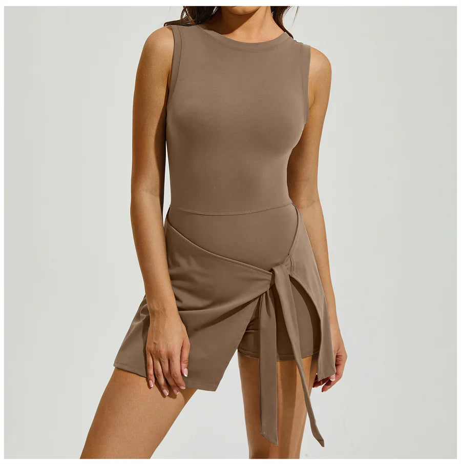 Sleeveless Tennis Dress Built In Shorts Golf Workout Sarong Wrap Backless Skirt Quick Drying Jumpsuit