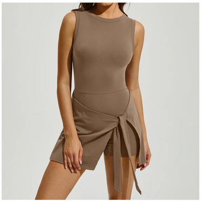 Sleeveless Tennis Dress Built In Shorts Golf Workout Sarong Wrap Backless Skirt Quick Drying Jumpsuit