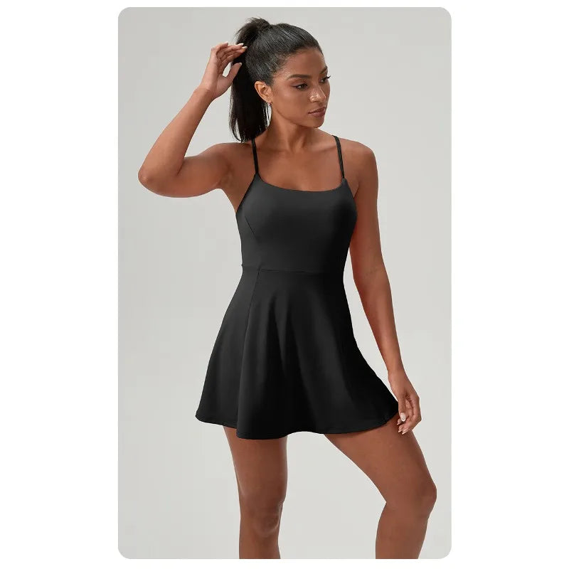 Tennis Dress Onesie with Built-in Bra Pad, Nude Feel Quick Dry Sports Dress for Golf