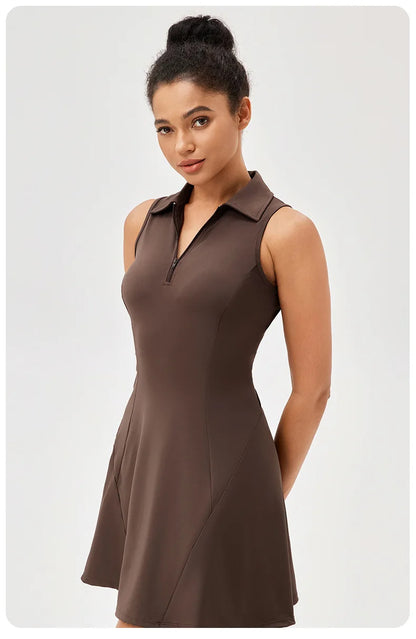 Tennis Dress Solid Color Lapel Slim Fit Running Skirt Breathable Quick Dry Golf Dress Yoga Wear
