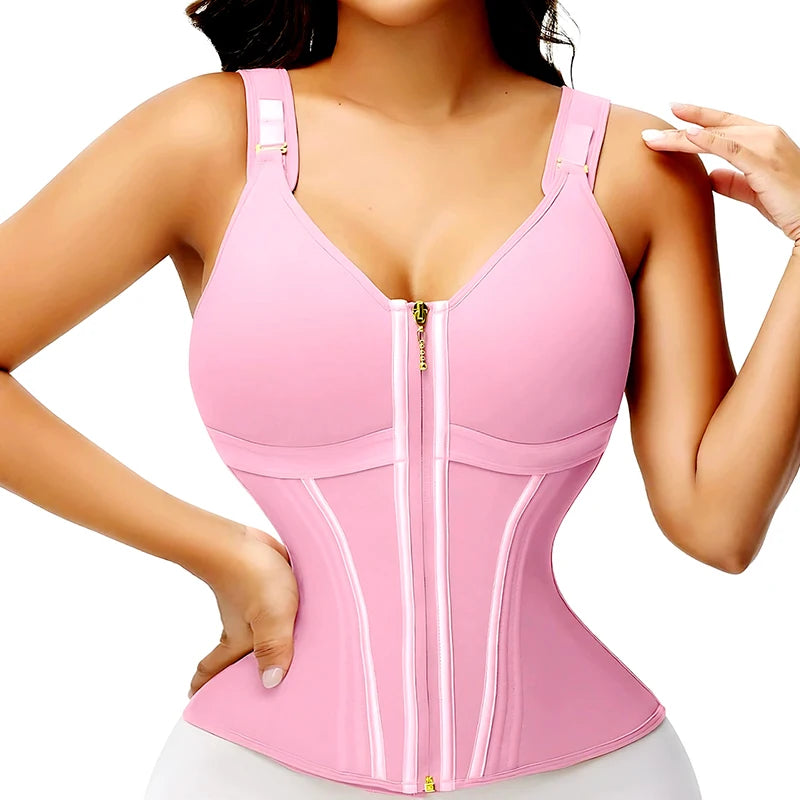 Double Compression Vest Bra Waist Trainer Corset with 17 Steel Bone Flat Belly Strap Slim Body Shaper