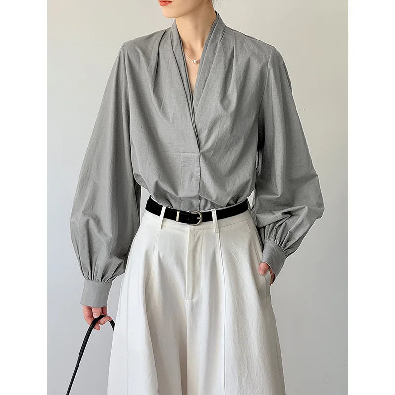Women Casual Blouses V-Neck Puff Sleeve Office Blouses Fashion Shirts