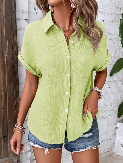 Women Casual Cotton Blouse Vintage Short Sleeve Slim Shirt Elegant Turn Down Collar Solid Tunics Streetwear