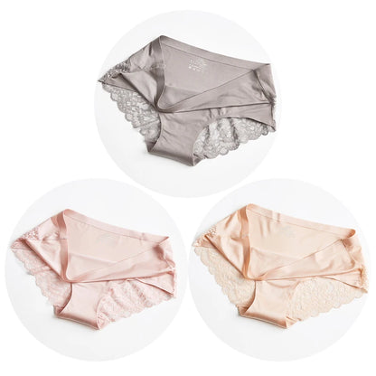 3PCS/Set Women's Panties Exquisite Lace Underwear Silk Satin Briefs Soft Cozy