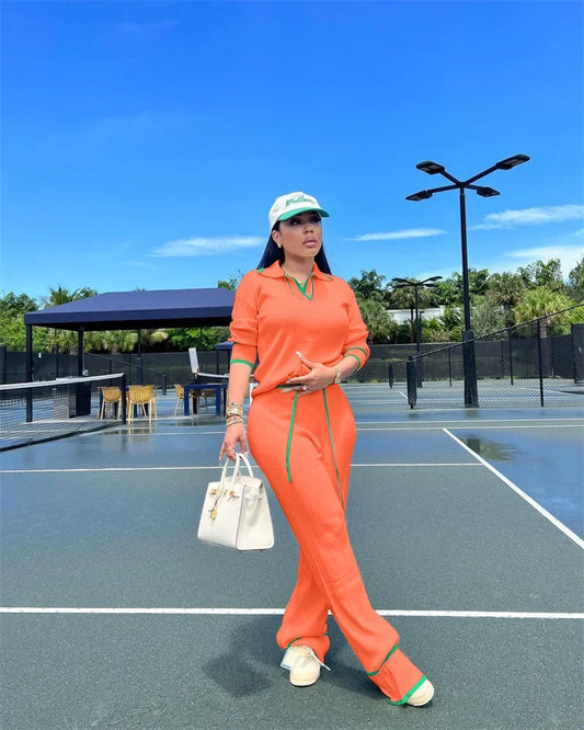 Active Wear Knitted Casual Tracksuit for Women Two Piece Set Sporty Fitness Striped Sweater Top and Wide Leg Pants Jogging Femme