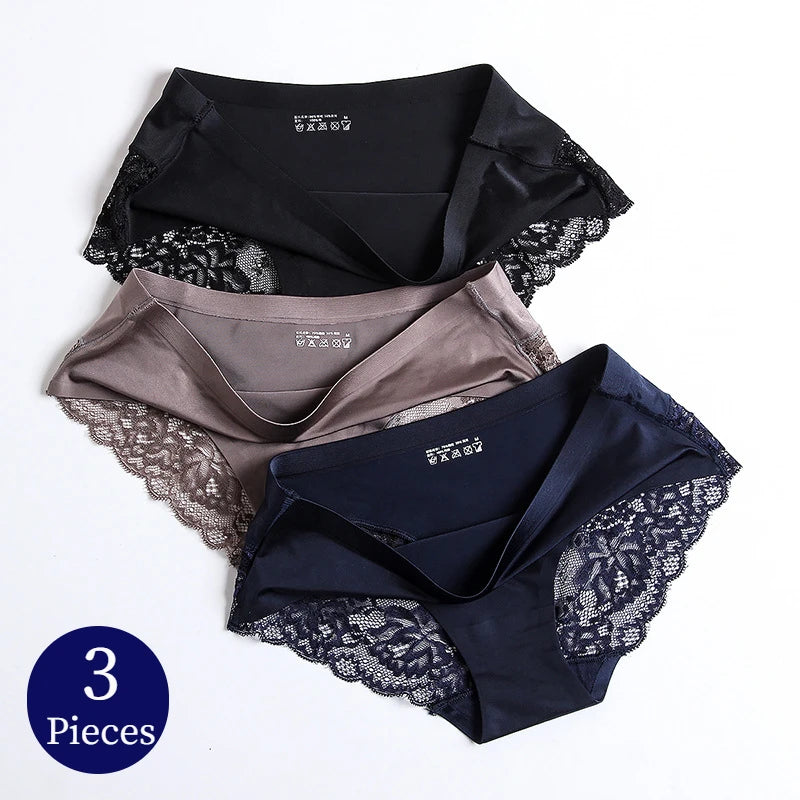 3PCS/Set Women's Panties Exquisite Lace Underwear Silk Satin Briefs Soft Cozy