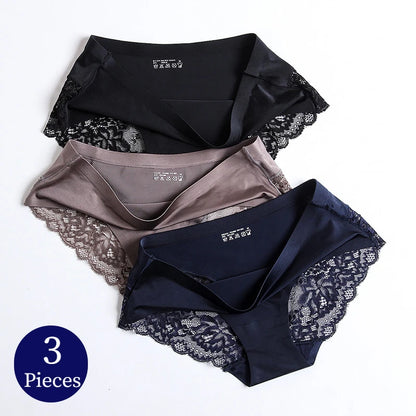 3PCS/Set Women's Panties Exquisite Lace Underwear Silk Satin Briefs Soft Cozy