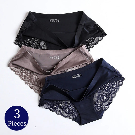 3PCS/Set Women's Panties Exquisite Lace Underwear Silk Satin Briefs Soft Cozy