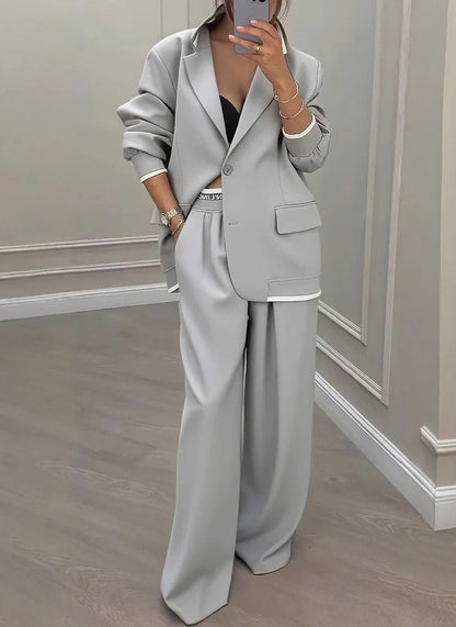 Casual Women's Suit Set  Sexy Turn down Collar Button Blazer & Straight-leg Pants Set Winter Solid Long Sleeve Chic Outfit