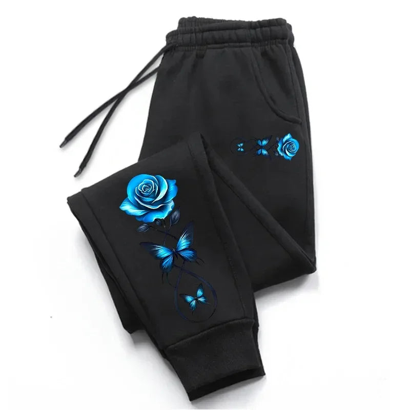 Casual High Quality Outdoors Sweatpants Printed Rose Elastic Band Trousers Drawstring Sports Clothing