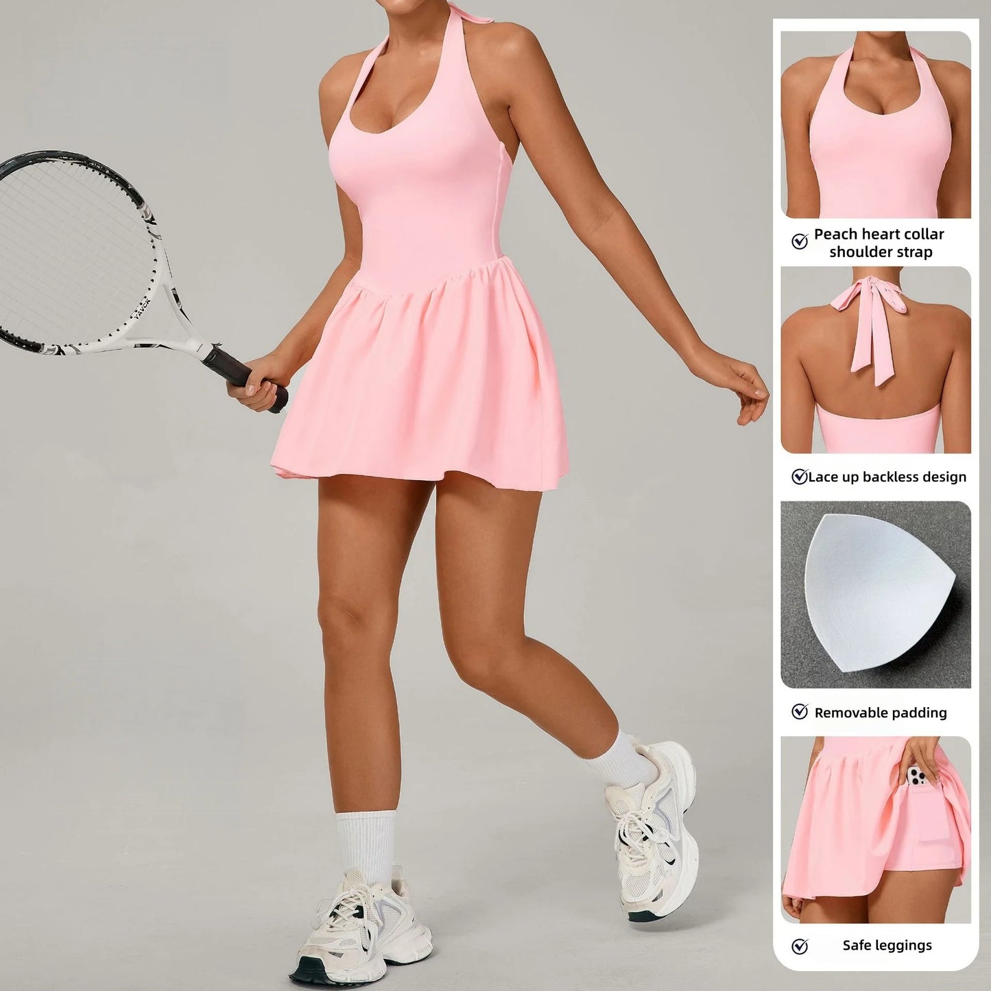 Women's One-piece Tennis Dress Sports  Anti-light Backless Golf Badminton Casual Workout Fitness Dress