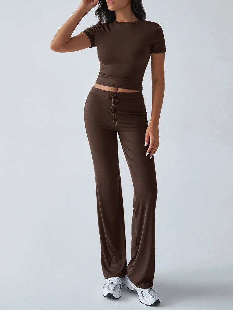 Women's Casual Lounge Set - Short Sleeve Top & Pants Two Piece, Home Wear Yoga Outfit